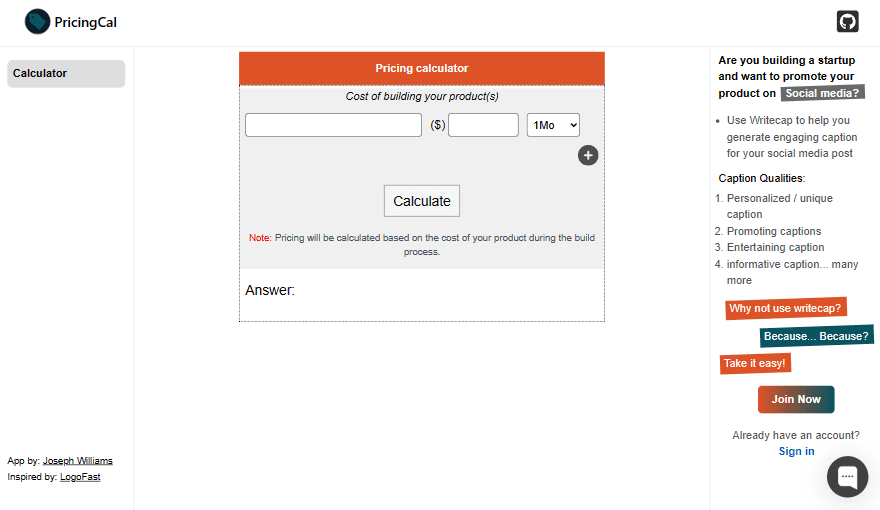 PriceCal, the free pricing calculator on writecap.co